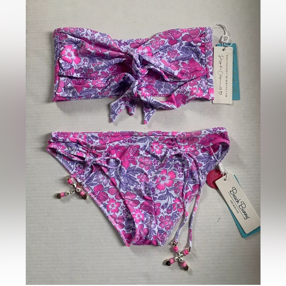 Beach Bunny Set Pink Sz Medium Floral Bandeau Top and Sz Small Full Bottom